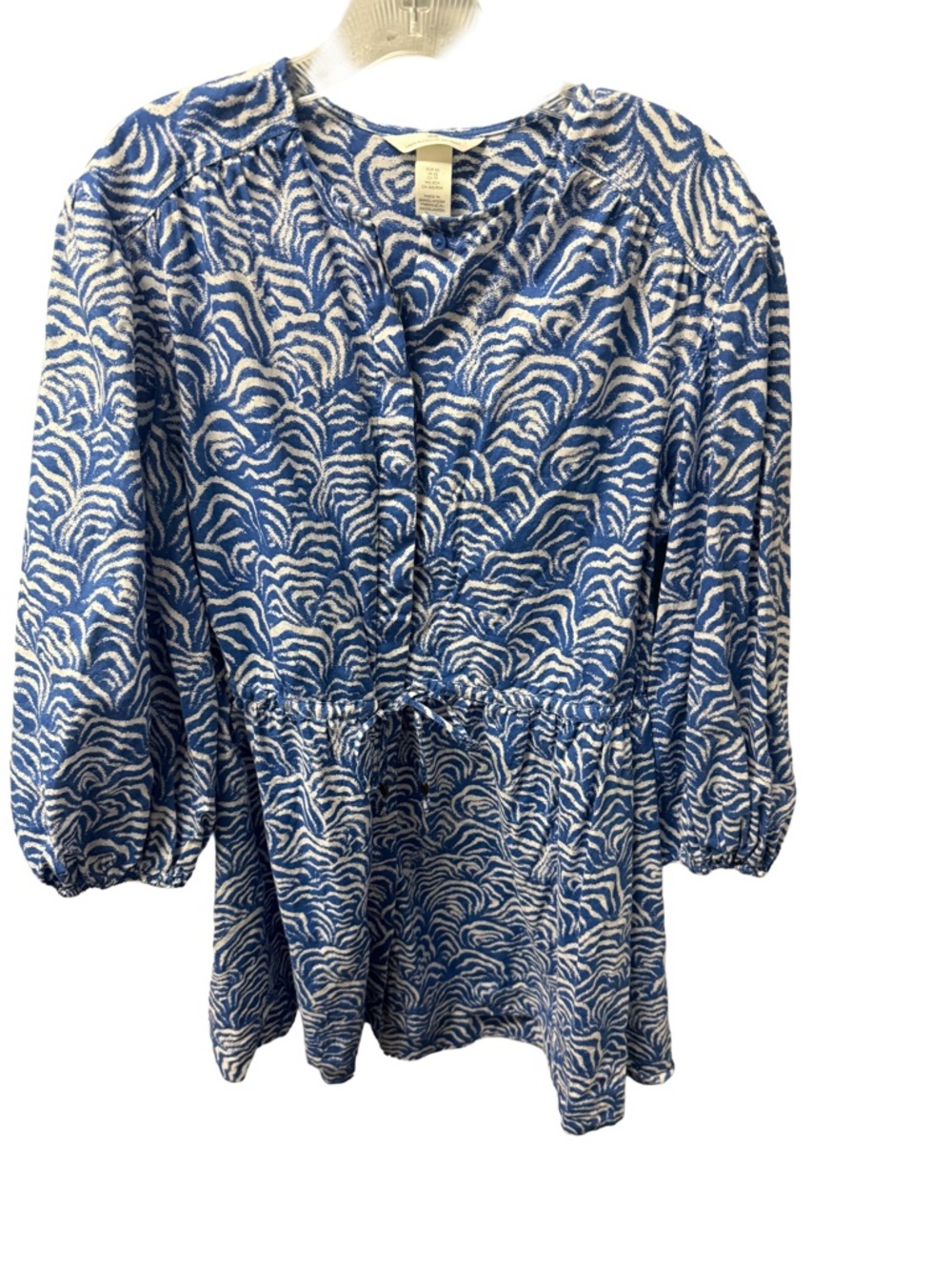 H & M Women's XS Blue and White Geometric Print Linen Blend Dresx Cottagecore